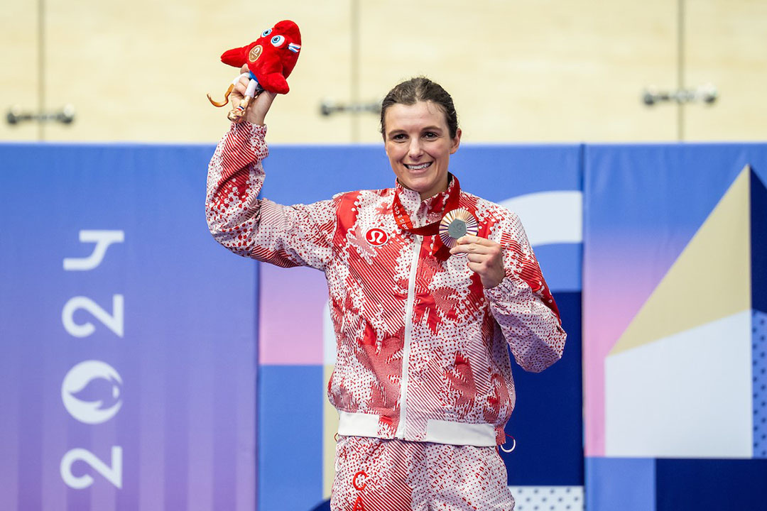 University of Saskatchewan alumna Dr. Keely Shaw (PhD) celebrates her bronze medal in her second straight Paralympics. (Photo: Canadian Paralympic Committee) 