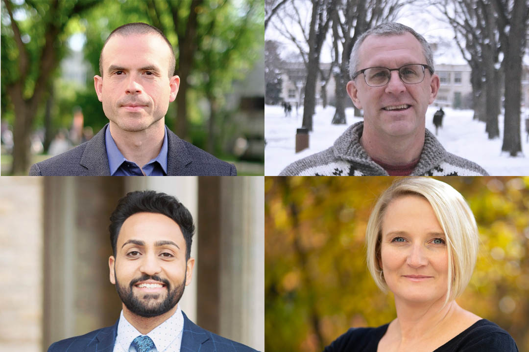 Clockwise from top left: Dr. Ben Hoy (PhD), Dr. Colin Laroque (PhD), Shannon Forrester, and Dr. Amrinderbir Singh (DDS).