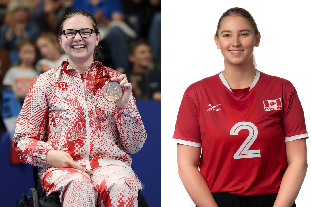 From left: USask alumna Shelby Newkirk is awarded her bronze medal in the women’s S6 100m backstroke at the Paralympic Games in Paris, France on September 7. (Photo: Ian MacNicol, Swimming Canada). USask agribusiness alum Julie Kozun was a member of Canada’s sitting volleyball team in the Paris Paralympics. (Photo: Volleyball Canada)