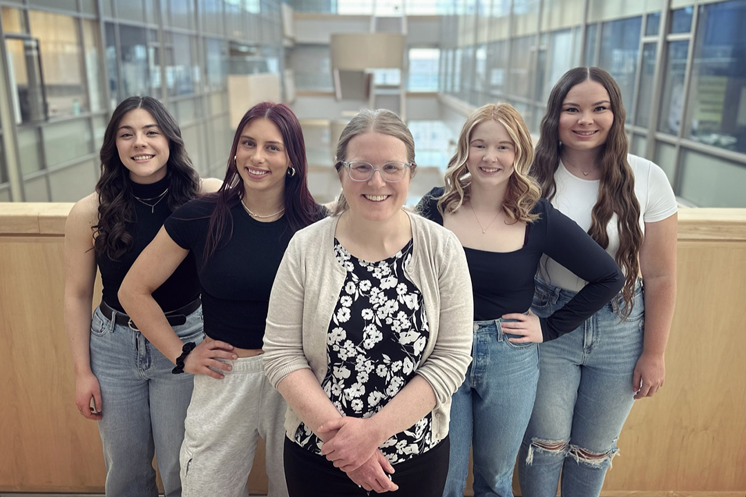 Dr. Jessica Lieffers (PhD) in the middle, flanked by nutrition students Paige Wuchner and Breanna Foster on the left, and Erin Mansell and Brooke Ackerman on the right. (Photo: Submitted)