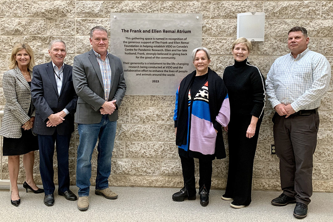 A plaque was recently unveiled in the Vaccine and Infectious Disease Organization atrium to honour long-time supporters, Ellen and Frank Remai. (l to r: Cheryl Hamelin (VP University Relations, USask), Doug Richardson, KC (Special Advisor to VIDO), Volker Gerdts (Director and CEO, VIDO), Dr. Ellen Remai (Donor and Friend of VIDO), Susan Lamb (Chair, VIDO-InterVac Community Liaison Committee), Paul Hodgson (Director of Operations and Strategic Partnerships, VIDO). (Photo: Submitted)