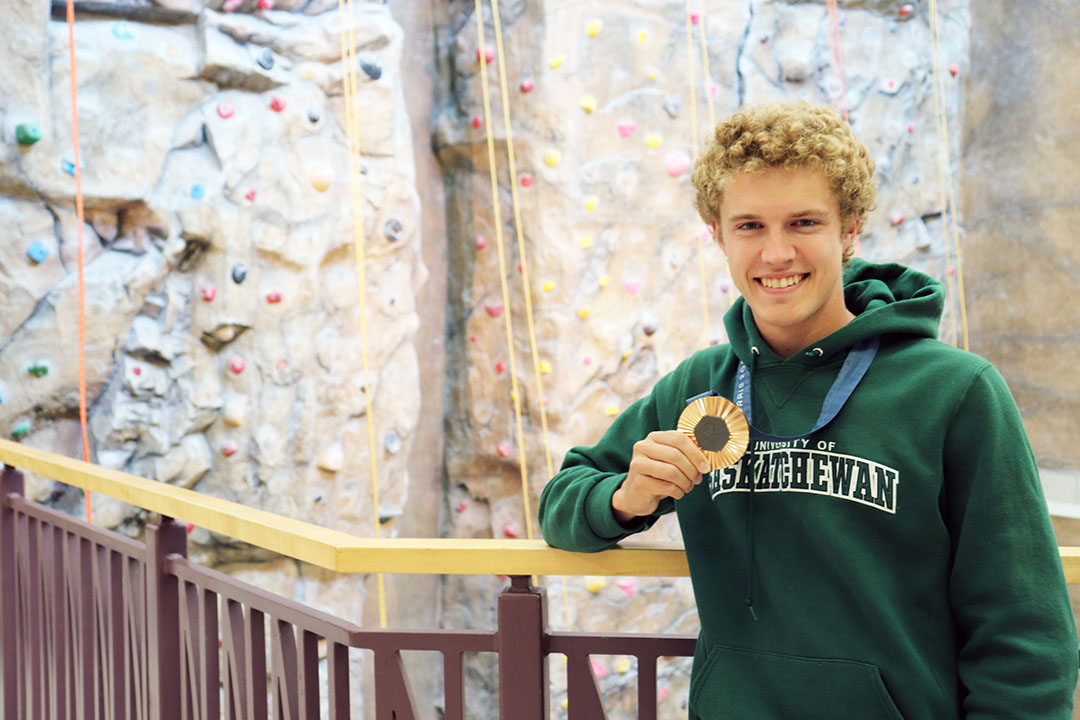 USask College of Kinesiology student Rylan Wiens was back on campus Tuesday, sporting his Olympics bronze medal from the Summer Games in Paris. (Photo: Alyssa Wiebe)