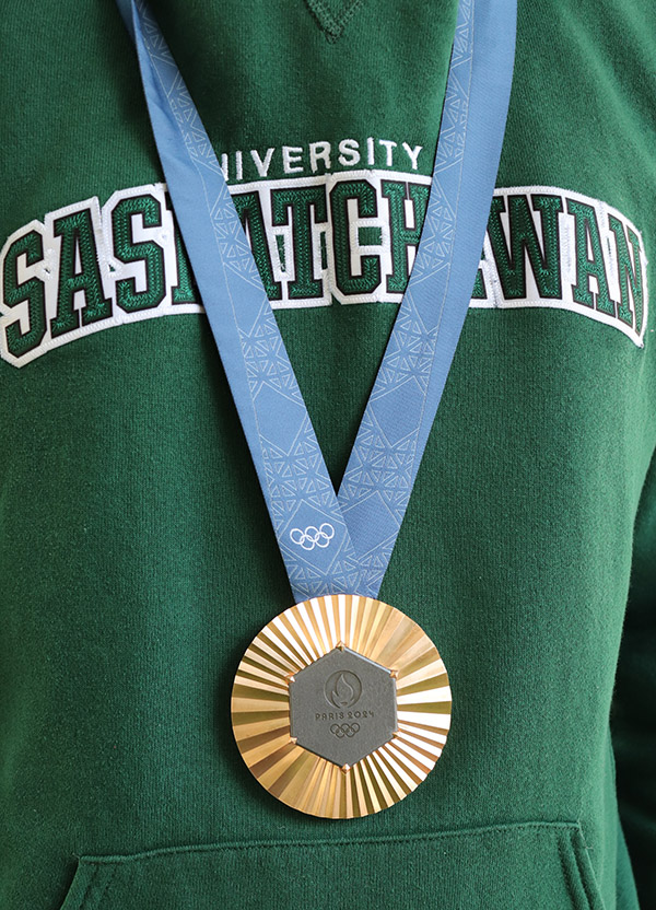 USask College of Kinesiology student Rylan Wiens was back on campus Tuesday, sporting his Olympics bronze medal from the Summer Games in Paris. (Photo: Alyssa Wiebe)