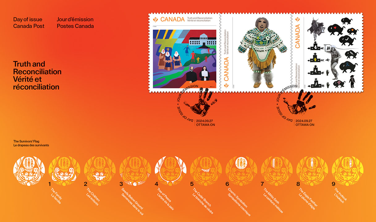 The new Canada Post stamps from artists Robert Burke, Helen Iguptak, and USask alum Adrian Stimson, all residential school survivors, to commemorate the National Day for Truth and Reconciliation. (Photo: Canada Post)