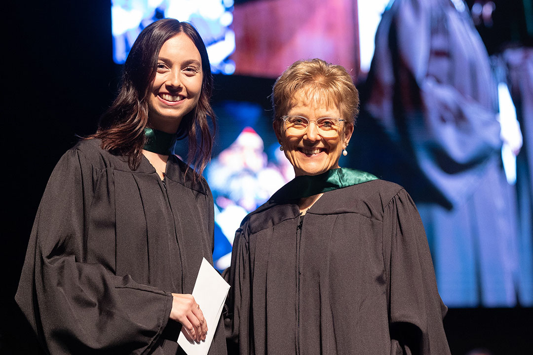 From left: Dr. Teagan Holt (MD) and Dr. Marilyn Baetz (MD), interim dean, College of Medicine, at the 2024 USask Spring Convocation. (Photo: Dave Stobbe)