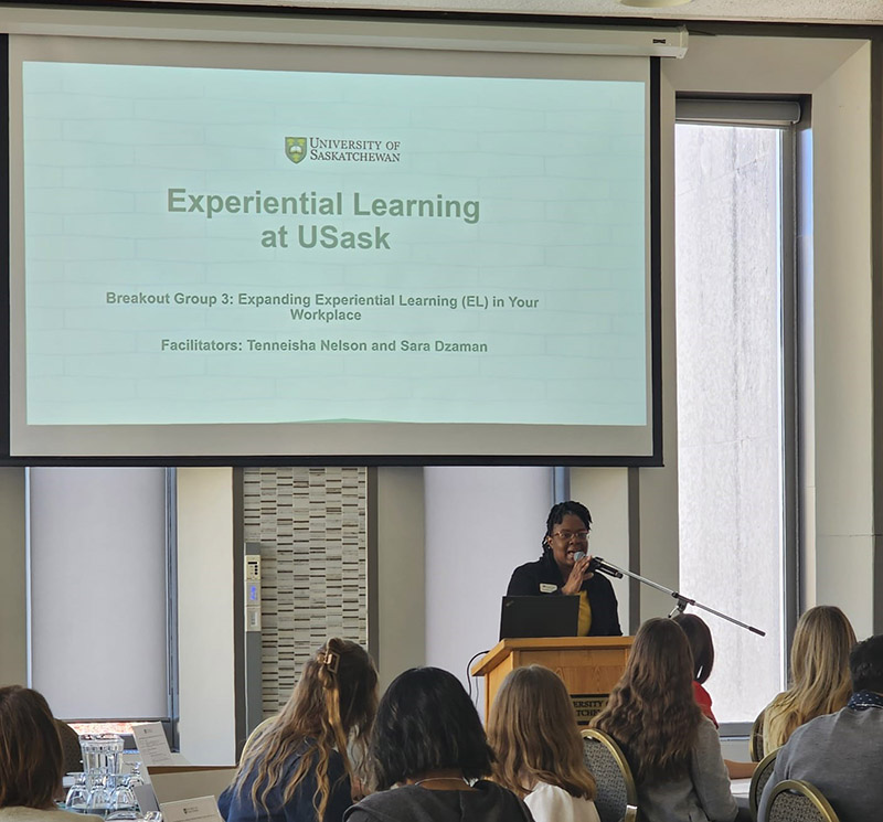 Dr. Tenneisha Nelson speaks during an experiential learning symposium on the USask campus. (Photo: Submitted)