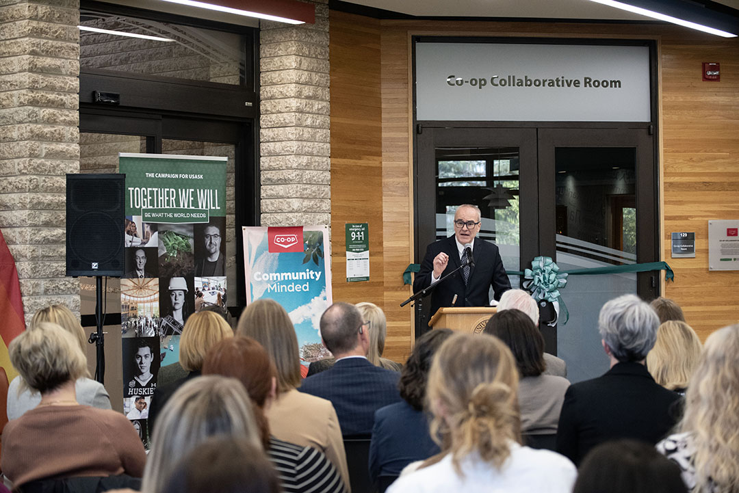 Dr. Dionne Pohler (Co-operative Retailing System Chair in Co-operative Governance), Heather Ryan (FCL CEO), Leanne Hawes (FCL Vice-President, Co-op and External Relations), and Meghan Gervais (FCL Vice-President, Health Safety and Compliance) inside the newly renamed Co-op Collaborative Room at USask. (Photo: June Wilson, FCL)