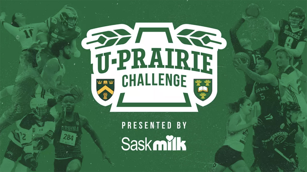 Promotional image for the U-Prairie Challenge presented by SaskMilk, featuring a collage of athletes from various sports in action, set against a green background with event logos.