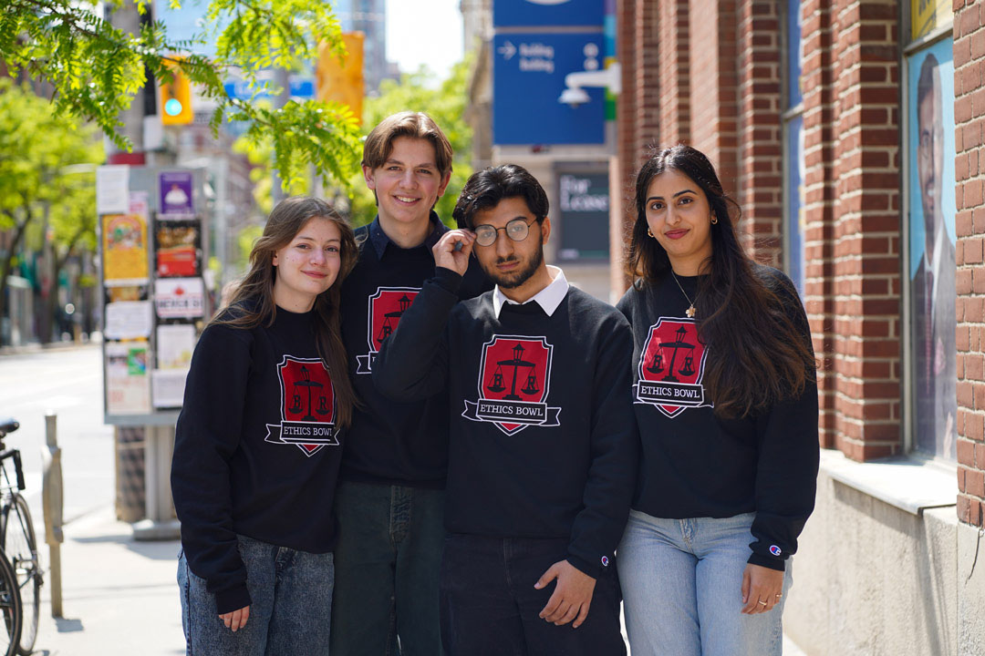 The USask team of (left to right) Isabelle Monsman, Will Shevkenek, Abdullah Amin and Gurleen Kaur came in first place at the inaugural national College Ethics Bowl in Toronto. (Photos: Ethics Bowl Canada)