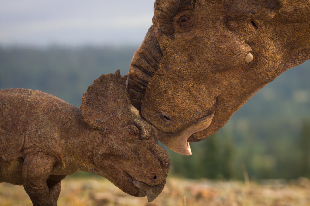 A still from episode five of Walking with Dinosaurs shows an interaction between a juvenile pachyrhinosaur and his mother. The episode also features USask researchers at a dig site in Alberta. (Photo: BBC Studios)