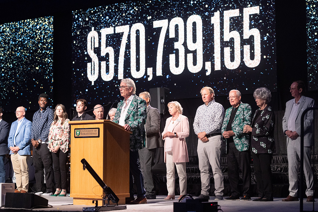 USask President Peter Stoicheff announced the final tally of the Be What the World Needs campaign on June 18, 2025. (Photo: Dave Stobbe)