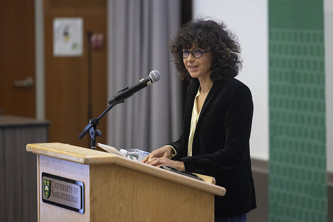 Nobel Prize-winning scientist Dr. Emmanuelle Charpentier (PhD) delivers a lecture at the University of Saskatchewan during a visit from May 12-13. (Photo: David Stobbe)