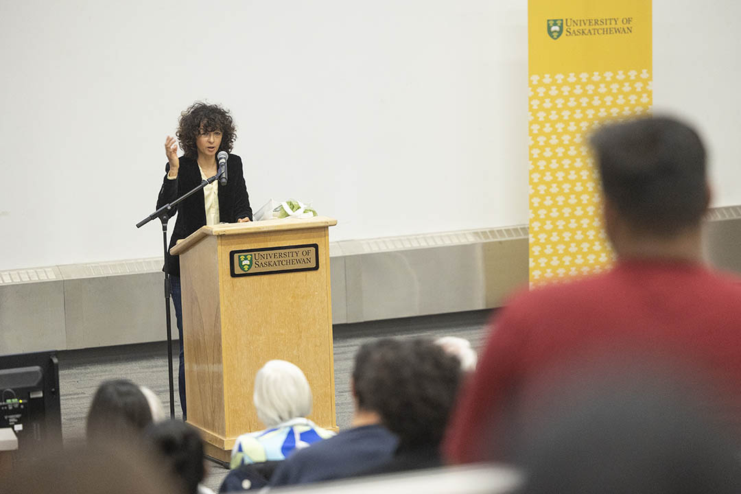 Nobel Prize-winning scientist Dr. Emmanuelle Charpentier (PhD) delivers a lecture at the University of Saskatchewan during a visit from May 12-13. (Photo: David Stobbe)