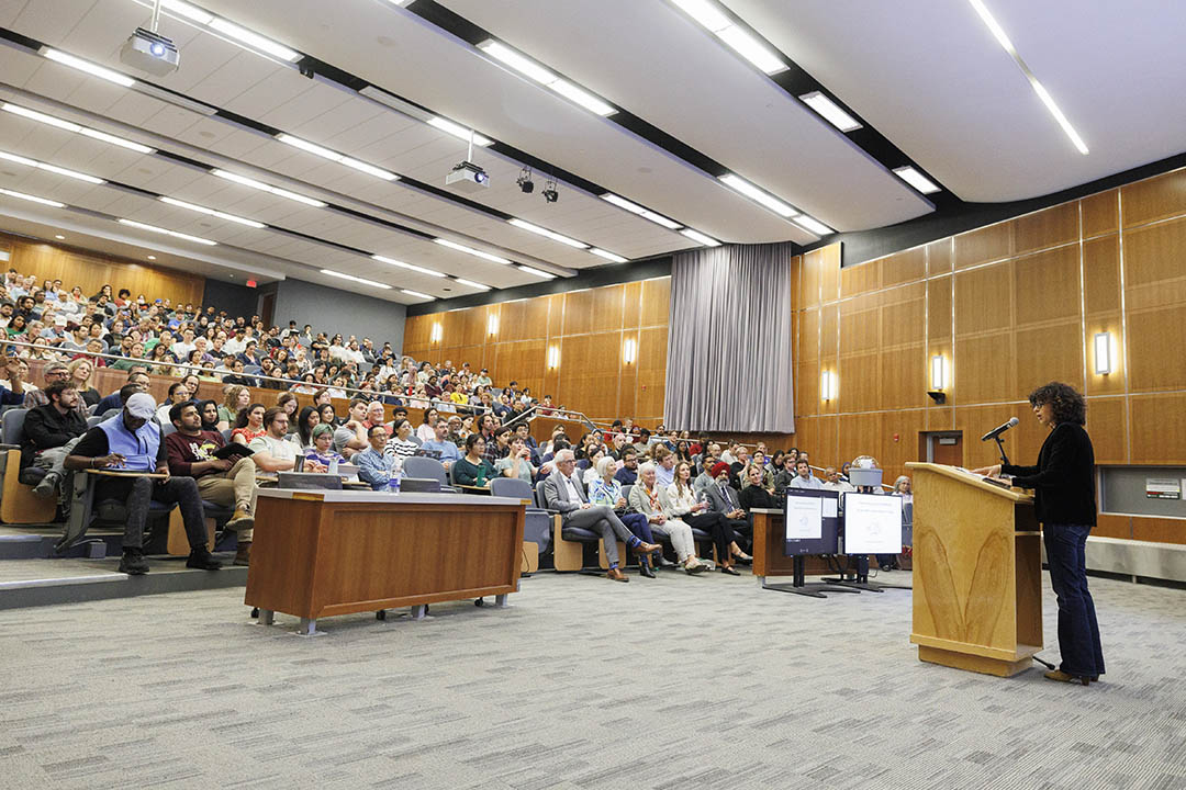Nobel Prize-winning scientist Dr. Emmanuelle Charpentier (PhD) delivers a lecture at the University of Saskatchewan during a visit from May 12-13. (Photo: David Stobbe)
