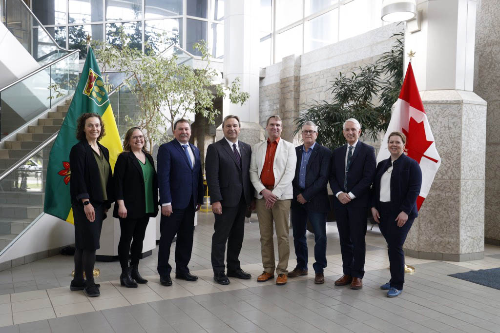 From left: Angela Bedard-Haughn, Dean, College of Agriculture and Bioresources, Tracy Broughton, Executive Director, Saskatchewan Oilseeds Development Commission, Honourable Daryl Harrison, Minister of Agriculture, Honourable Ken Cheveldayoff, Minister of Advanced Education, Wayne Thompson, Executive Director, Western Grains Research Foundation, Blair Goldade, Executive Director, Saskatchewan Wheat Development Commission, Peter Stoicheff, President, USask, Jill McDonald, Executive Director, Saskatchewan Barley Development Commission. (Photo: David Stobbe)