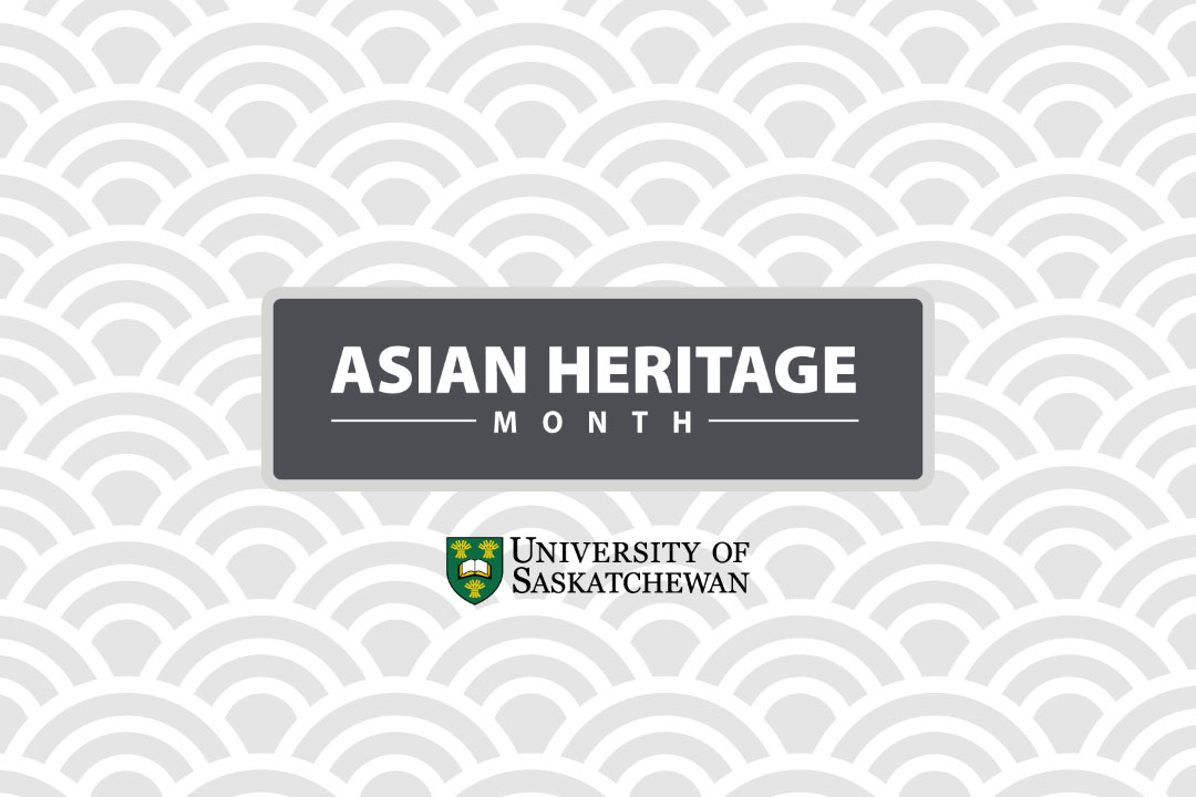 Logo for Asian Heritage Month featuring the University of Saskatchewan emblem on a patterned gray background.