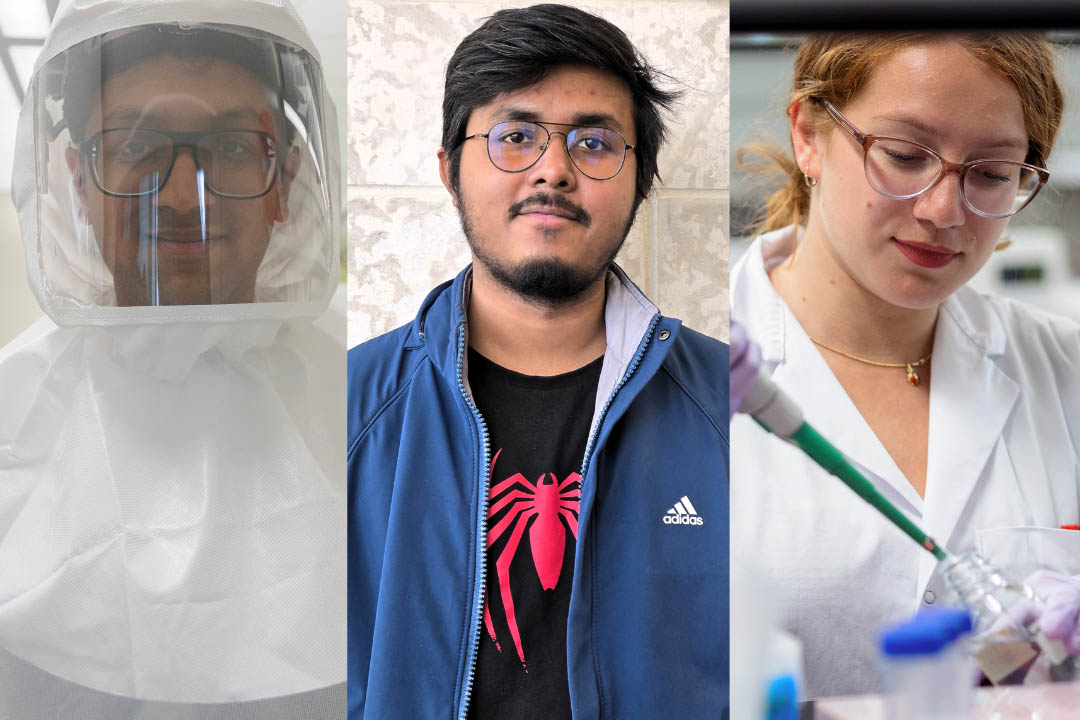 A team of USask researchers in Dr. Banerjee’s laboratory, including post-doctoral fellow Dr. Kaushal Baid (PhD) and PhD students Arkadeb Bhuinya and Victoria Gonzalez (L-R) are trying to identify what makes bats naturally resistant to certain infections. (Photos: Submitted/VIDO)