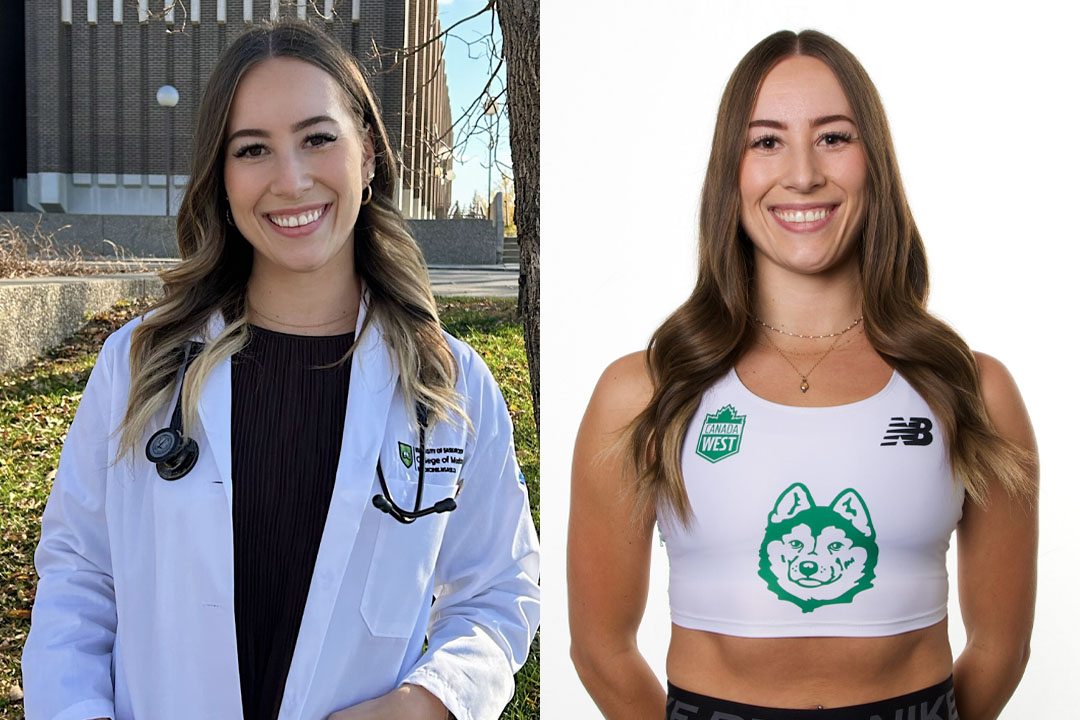Former Huskie and current USask MD student Brianna Andrews in the Health Sciences Building at the University of Saskatchewan. (Photo: James Shewaga)
