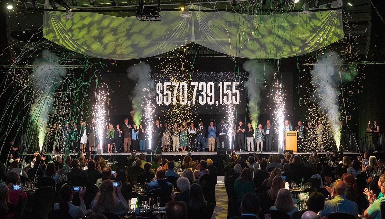 The University of Saskatchewan (USask) announced it had surpassed its $500 million fundraising goal at the Be What The World Needs campaign wind-up celebration on June 18 at Merlis Belsher Place. (Photo: David Stobbe)
