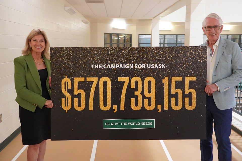 The University of Saskatchewan (USask) announced it had surpassed its $500 million fundraising goal at the Be What The World Needs campaign wind-up celebration on June 18 at Merlis Belsher Place. (Photo: David Stobbe)