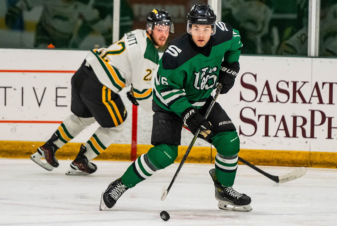 College of Medicine MD student Dawson Holt leads the Huskies men’s hockey team in scoring with seven goals and 22 points in 15 games to sit second overall in the league at the midway point of the season. (Photo: Huskie Athletics)