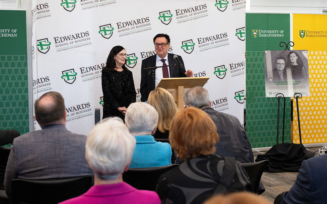 Left to right: Marjorie Delbaere, USask interim vice-provost, students and learning; Cheryl Hamelin, USask vice-president of University Relations; Peter Stoicheff, USask president; Thedra Hunt, donor; Bernie Slogotski, donor; Celine Clarke, fourth-year Edwards School of Business student; Dr. Keith Willoughby (PhD), Edwards School of Business dean.   Photo credit: Juli Labrecque