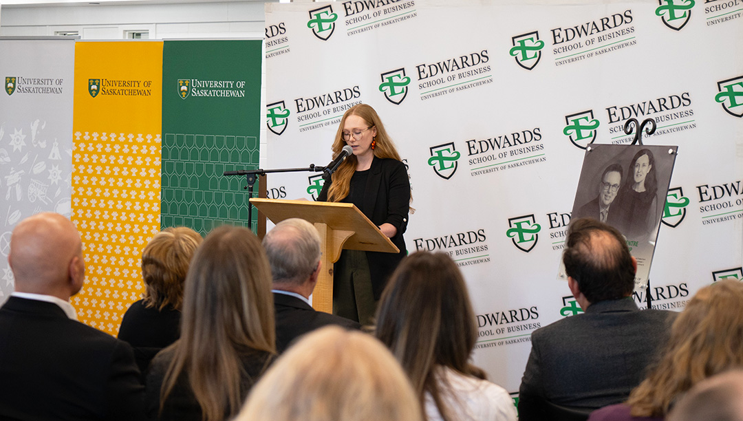 Left to right: Marjorie Delbaere, USask interim vice-provost, students and learning; Cheryl Hamelin, USask vice-president of University Relations; Peter Stoicheff, USask president; Thedra Hunt, donor; Bernie Slogotski, donor; Celine Clarke, fourth-year Edwards School of Business student; Dr. Keith Willoughby (PhD), Edwards School of Business dean.   Photo credit: Juli Labrecque