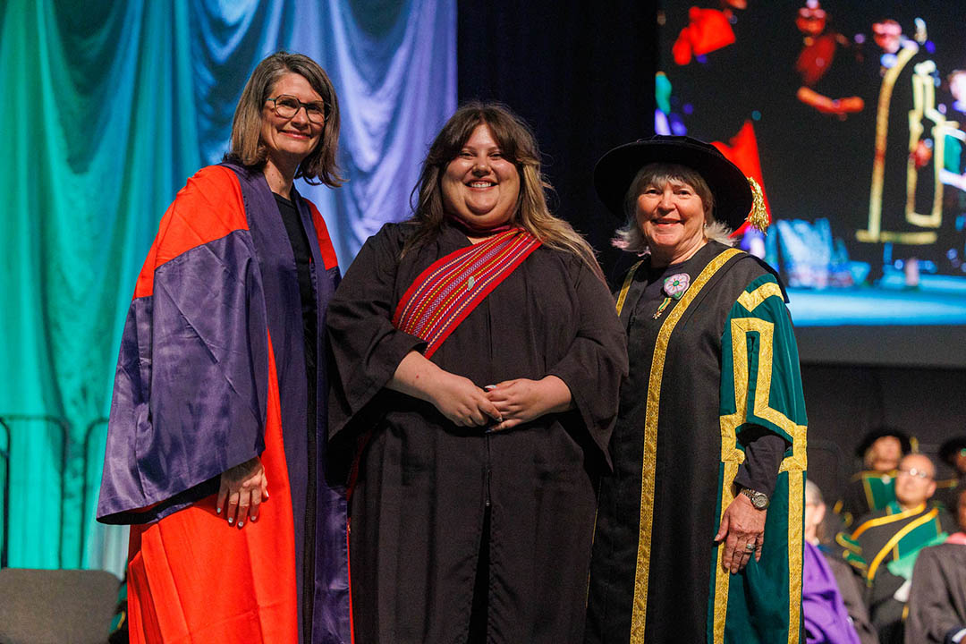 Dean Dr. Julia Paulson, SUNTEP Prince Albert graduate Erika Warkentine, Chancellor Grit McCreath. (Photo: Dave Stobbe).
