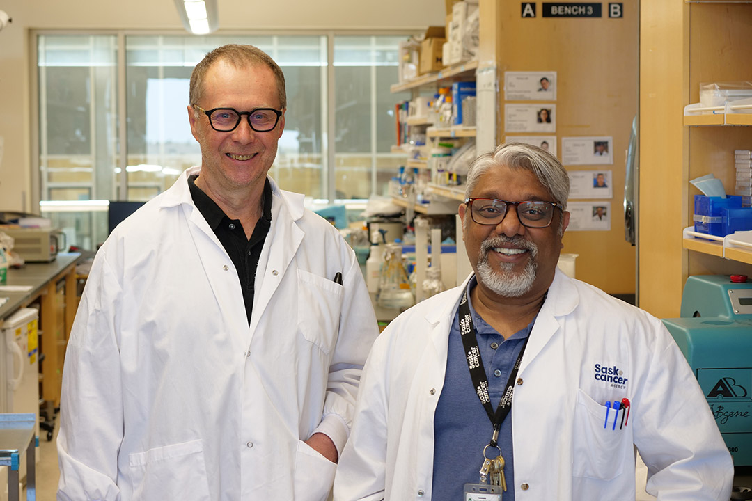 The team of USask researchers who contributed to the recent Cell Genomics article on PLK1 stands for a photo in the USask Health Sciences building.