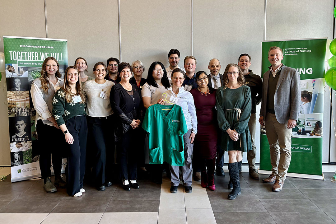 University of Saskatchewan leadership, representatives from the Government of Saskatchewan, College of Nursing faculty and staff, and Post-Degree Bachelor of Science in Nursing (PDBSN) graduates celebrate the first cohort to complete the PDBSN program, since it was relaunched after the COVID-19 pandemic. Credit: Breanna Pochipinski.