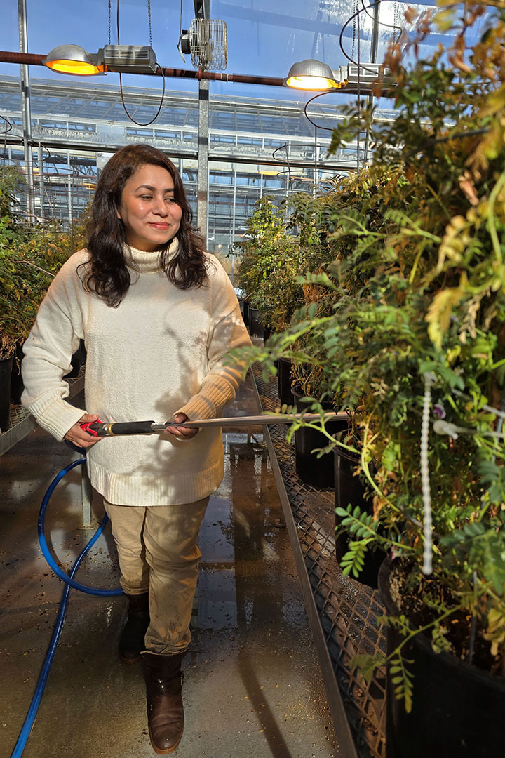 A woman with light brown skin and hair is in a greenhouse looking at plants. She has a slight smile on her face.