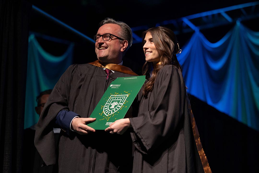 Kennedy Marley with Martin Phillipson, dean of the College of Law, at USask Spring Convocation on June 5, 2024. (Photo: Dave Stobbe)