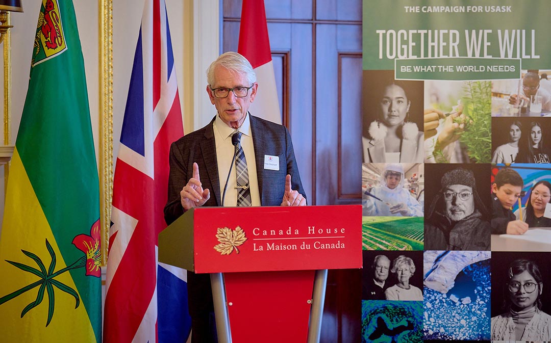 University of Saskatchewan (USask) President Peter Stoicheff speaks at an alumni and friends reception at Canada House in London, England on June 12, 2025. (Photo: Josh Caius)