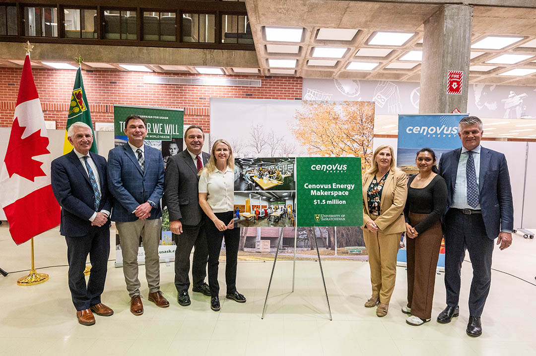 . L to r: President Peter Stoicheff; Dean of Engineering Michael Bradley; The Hon. Ken Cheveldayoff, Minister of Advanced Education; Candace Newman, Senior VP, People Services, Cenovus Energy; The Hon. Colleen Young, Minister of Energy and Resources; Rosy Hettiarachchi, College of Engineering student; Jeff Lawson, Executive VP, Corporate Development and Chief Sustainability Officer, Cenovus Energy.