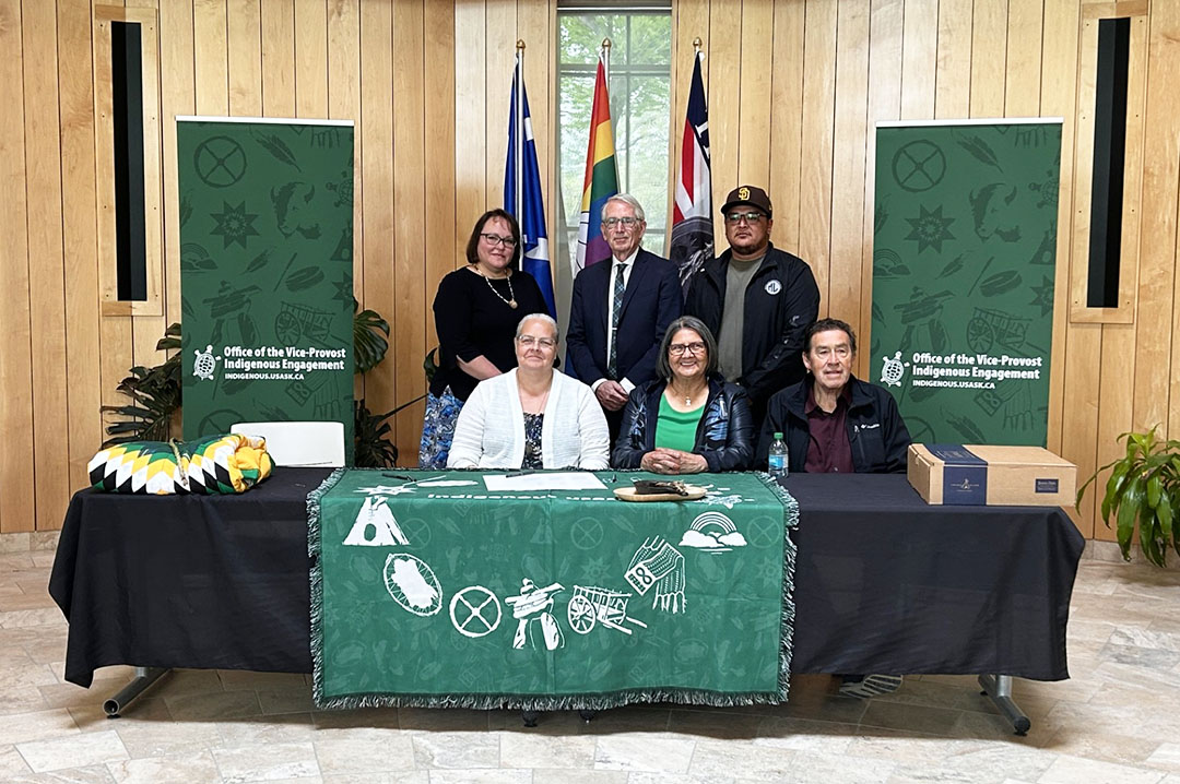 From left, clockwise: Dr. Angela Jaime, President Peter Stoicheff, Councillor Kyle Bear, Harry Lafond, Councillor Carol Lafond, and Councillor Kim Greyeyes. (Photo: Submitted)