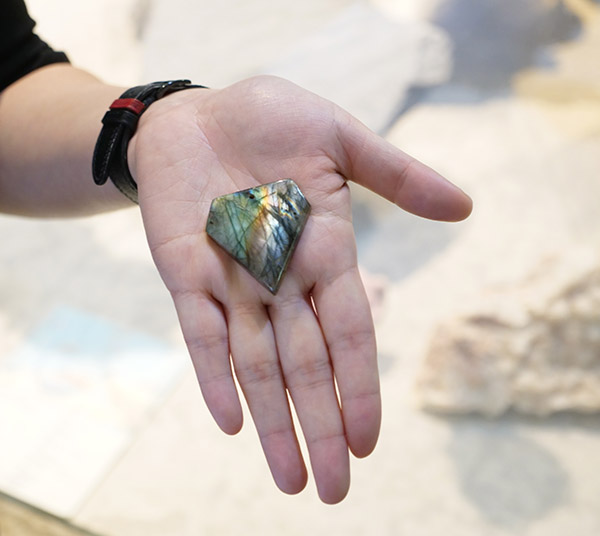 Dr. Tianqi Xie (PhD) shows off a piece of labradorite, a type of feldspar, in the University of Saskatchewan Geology Building. (Photo: Matt Olson)