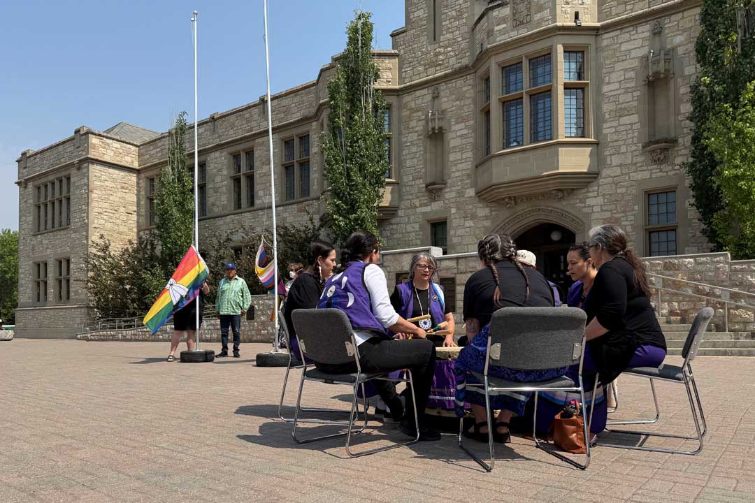 The Spirit Strong Singers shared two songs at USask as part of the Pride flag-raising ceremony on May 30, 2025. (Photo: Jeanette Neufeld)