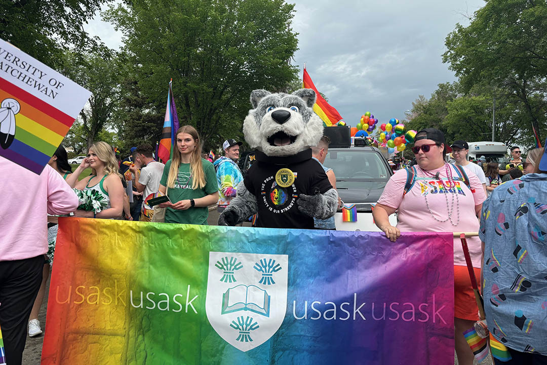 The University of Saskatchewan is proud to celebrate and support the 2SLGBTQQIA+ community during Pride month and every month. Each year, students, faculty and staff from the USask community take part in the Saskatoon Pride Parade. (Photo: USask)