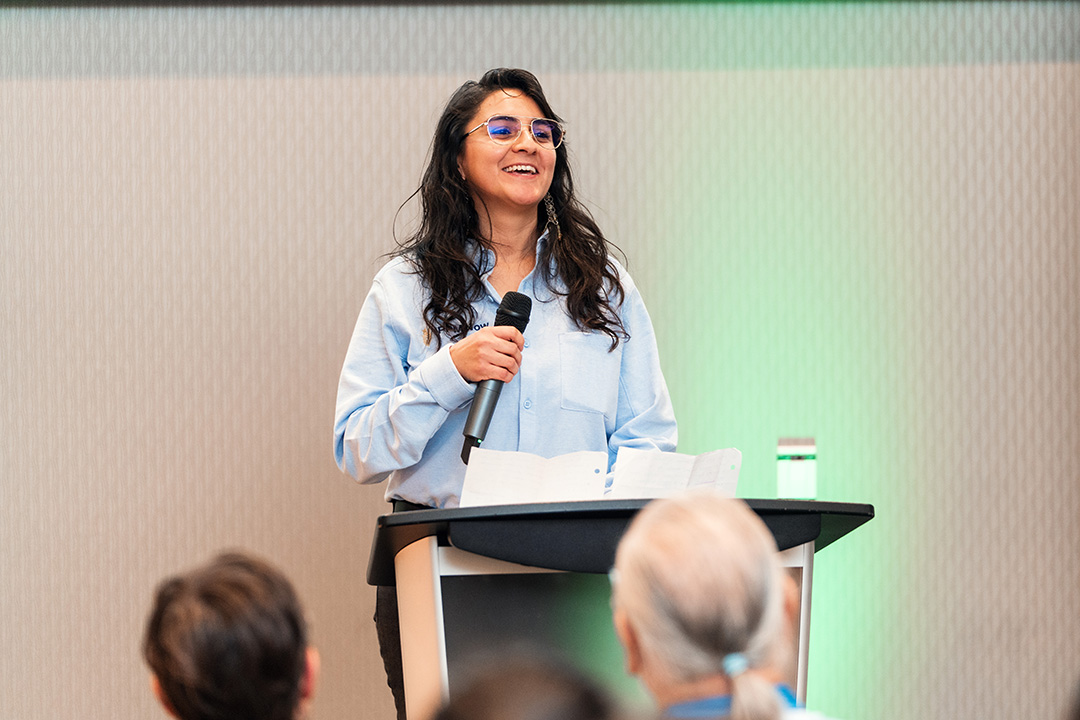 University of Saskatchewan graduate student Teresa Aguiar-Cordero took home the People’s Choice award at the 2026 Opus Innovation Expo, for her pest management platform. (Photo: Opus/USask)