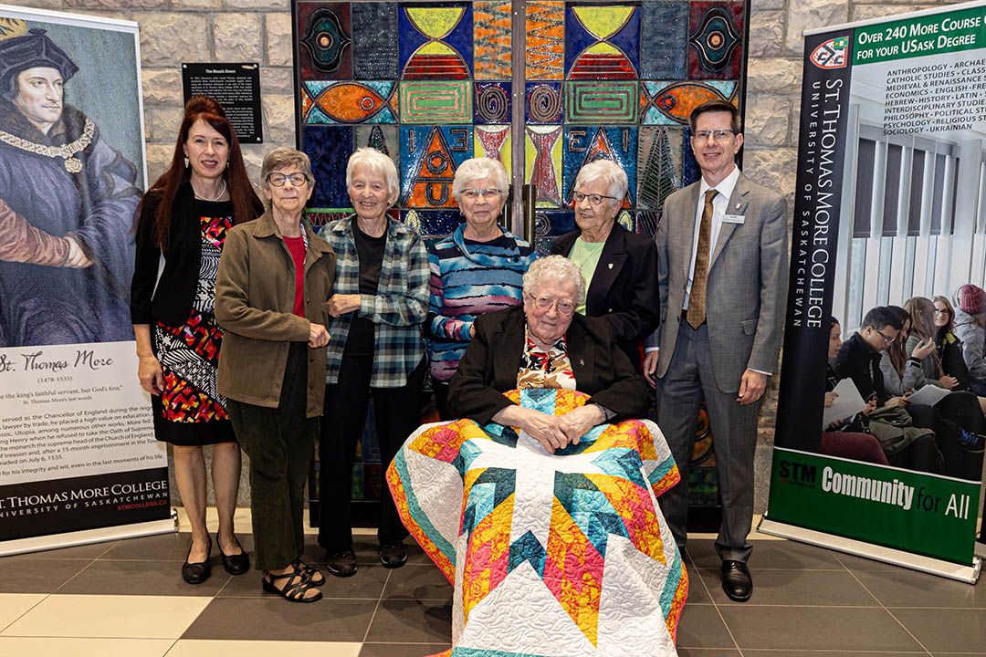 Six of the FDLP Sisters of Saskatchewan at the $5-million gift announcement during the St. Thomas More College Fall Gathering on Oct. 4, 2025. (Photo: Michelle Berg)