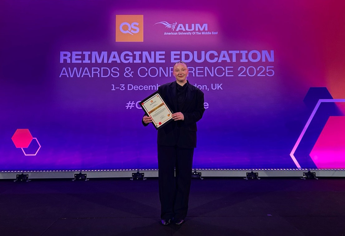 Marlis Merry (right), TRANSECTS program manager, accepting the gold award in the Sustainability in Education: Literacy category on behalf of TRANSECTS with Barak Cerff (left), senior product manager and vice-chair of the QS Reimagine Education Awards, at the 2025 QS Reimagine Education Awards and Conference. Credit: QS Reimagine Education.