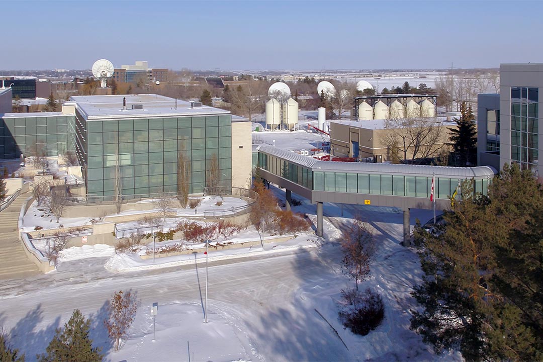 A bird’s eye view from a drone of the Vaccine and Infectious Disease Organization (VIDO) facility on the University of Saskatchewan (USask) campus. (Photo: VIDO)