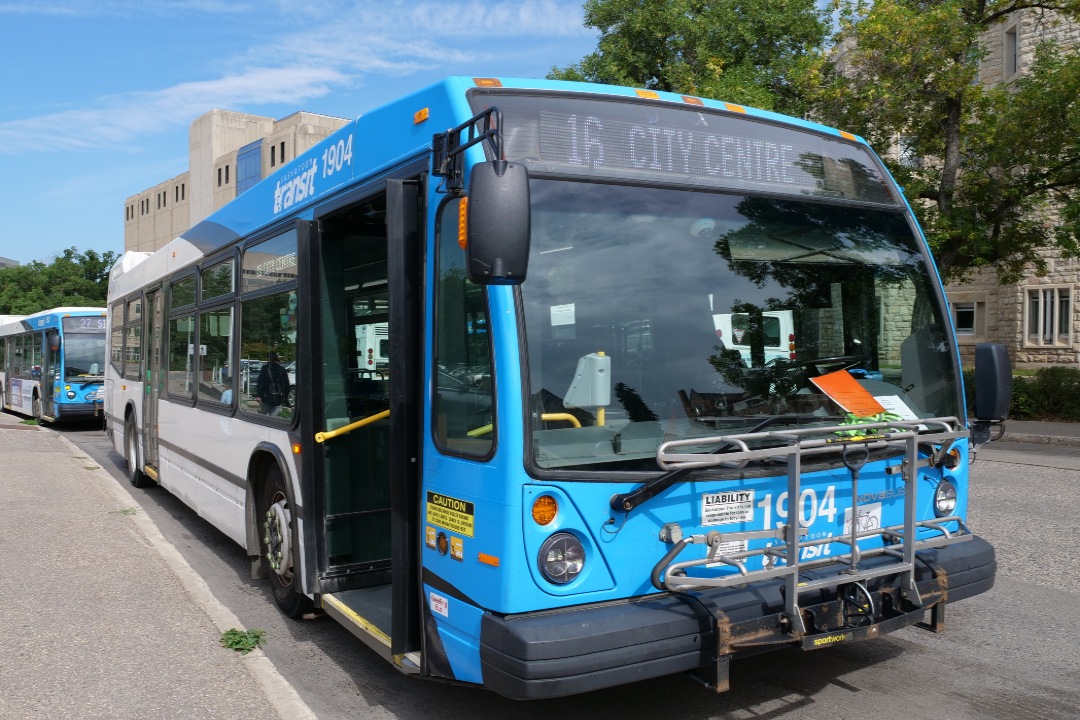 A Saskatoon transit bus at Place Riel. 
