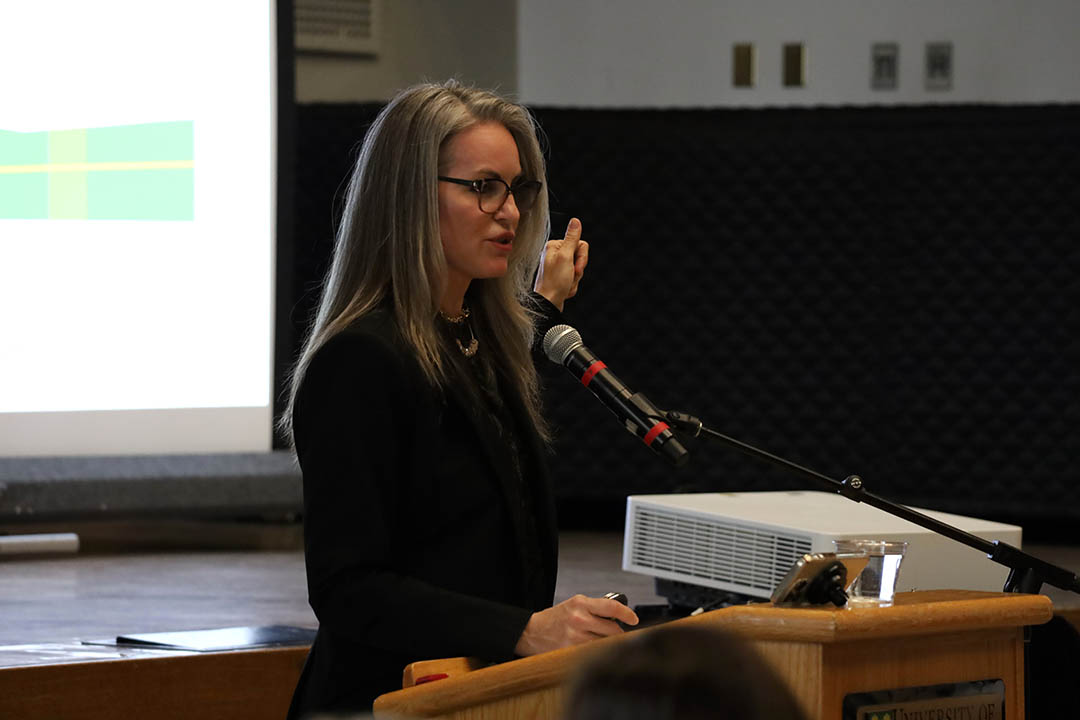 University of Saskatchewan (USask) Chief Financial Officer Deidre (Dee) Henne led her third Financial Town Hall on April 23, 2026. (Photo: Erica Schindel)