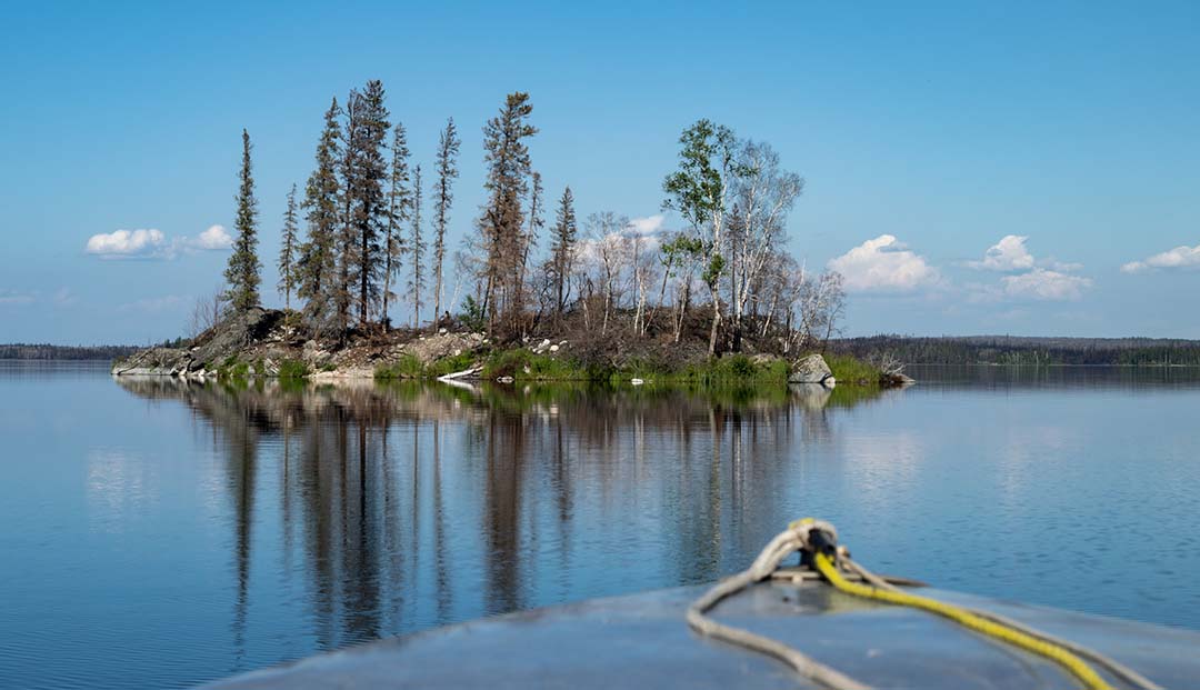 Drone photograph of a burnt island in the northern part of Hunter’s Bay, Lac la Ronge. (Photo: B/W Photo)