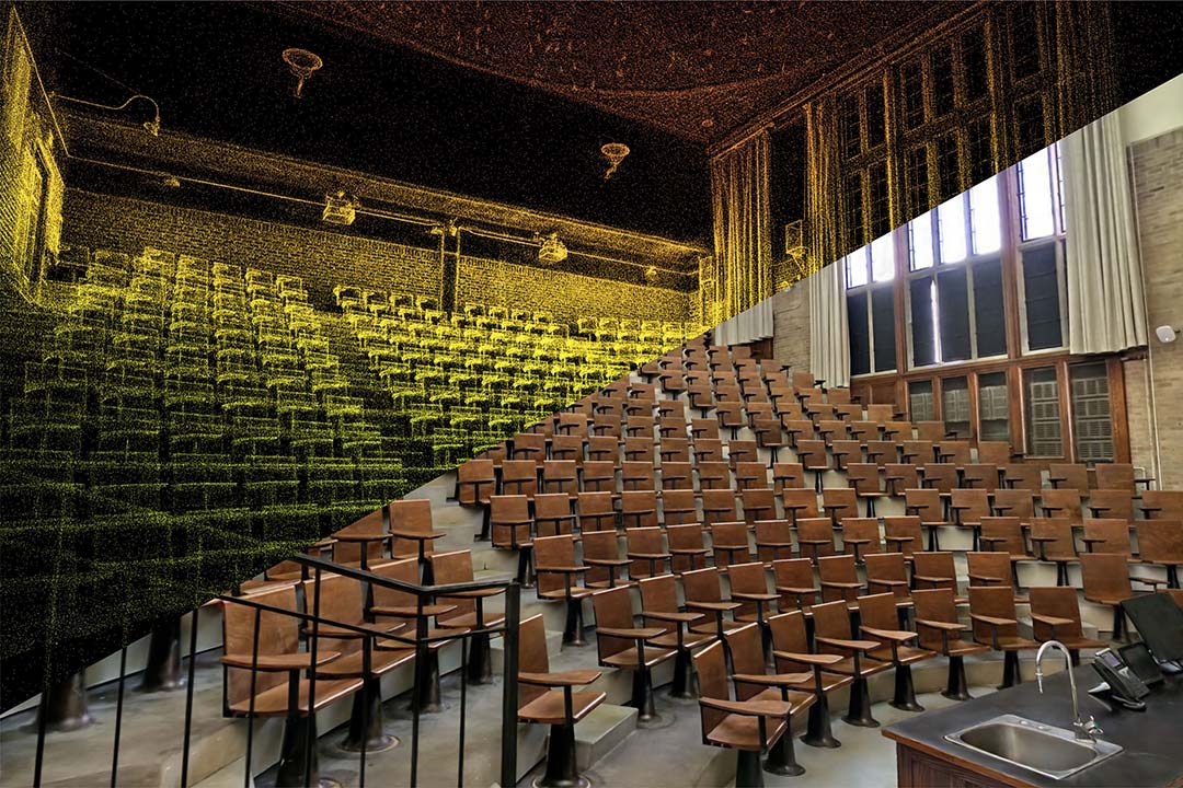 Rendering of a 3D radiance-field capture of the Henry Taube Lecture Theatre in the Thorvaldson Building at the University of Saskatchewan. 