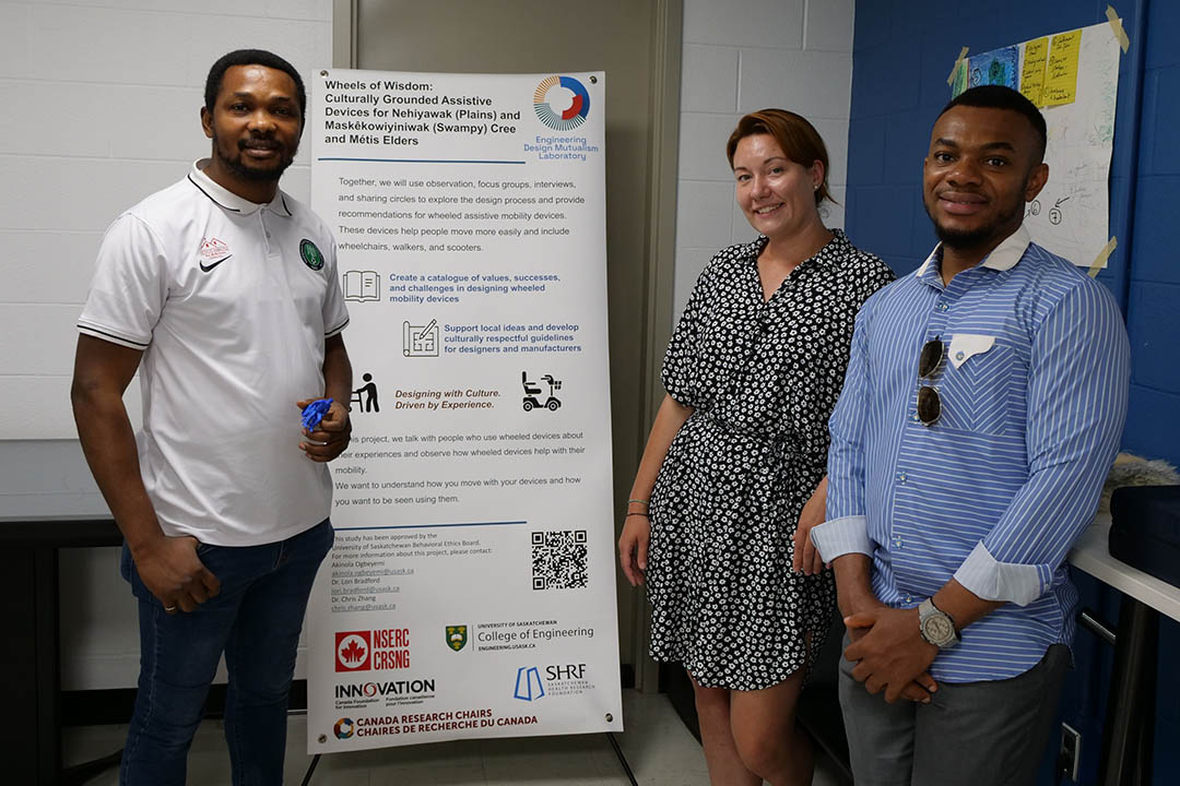 (Left to right, top to bottom) Ines Sanches Rodruguez, Dr. Lori Bradford (PhD), Dr. Renata Mont'Alverne (PhD), Russell Mba, Lindsay Tumback,  Esther Kähne and Akinola Ogbeyemi stand in front of the Engineering Design Mutualism Lab mobile trailer. (Photo by Matt Olson)