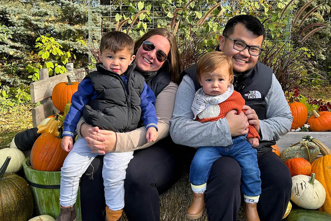 New Graduate Students Association President Sunny Bui with his partner and fellow USask graduate student Hayley Pelletier and their boys Vinh and Tai. (Photo: Submitted)