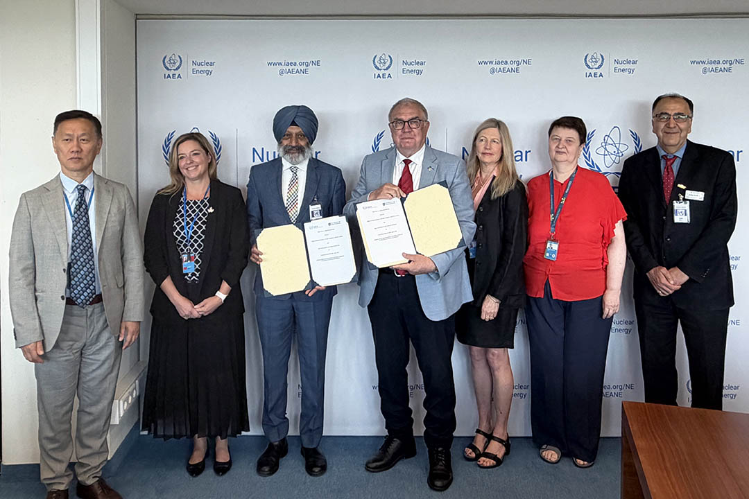 left to right: Wei Huang, Director of the IAEA’s Division of Planning, Information and Knowledge Management; Angela Veitch, Deputy Permanent Representative of Canada to International Organizations in Vienna; Dr. Baljit Singh, USask Vice-President Research; Mikhail Chudakov, Deputy Director General and Head of the IAEA’s Department of Nuclear Energy; Carolynn Scherer, Head of the IAEA’s INPRO Section; Olena Mykolaichuk, Director of the IAEA’s Division of Nuclear Fuel Cycle and Waste Technology; and Dr. Jafar Soltan, Associate Dean, Research and Partnerships, USask College of Engineering. 