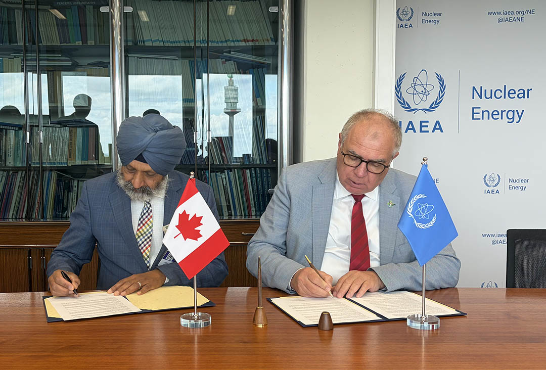 left to right: Wei Huang, Director of the IAEA’s Division of Planning, Information and Knowledge Management; Angela Veitch, Deputy Permanent Representative of Canada to International Organizations in Vienna; Dr. Baljit Singh, USask Vice-President Research; Mikhail Chudakov, Deputy Director General and Head of the IAEA’s Department of Nuclear Energy; Carolynn Scherer, Head of the IAEA’s INPRO Section; Olena Mykolaichuk, Director of the IAEA’s Division of Nuclear Fuel Cycle and Waste Technology; and Dr. Jafar Soltan, Associate Dean, Research and Partnerships, USask College of Engineering. 